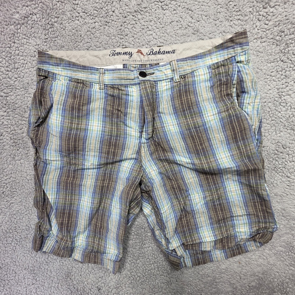 Tommy Bahama Shorts Mens Size 38 X 10 Blue Plaid Linen Casual Flat Front Chino - Picture 1 of 6